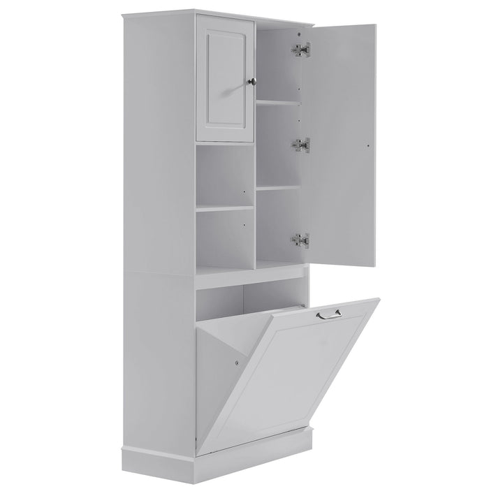 Modern Tall Storage Cabinet With Adjustable Shelves, Flip-Out Basket & Enclosed Doors