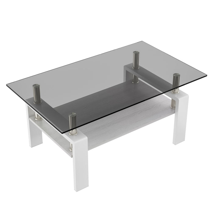 Modern Rectangular Coffee Table With Tempered Transparent Glass Top And Storage Shelf
