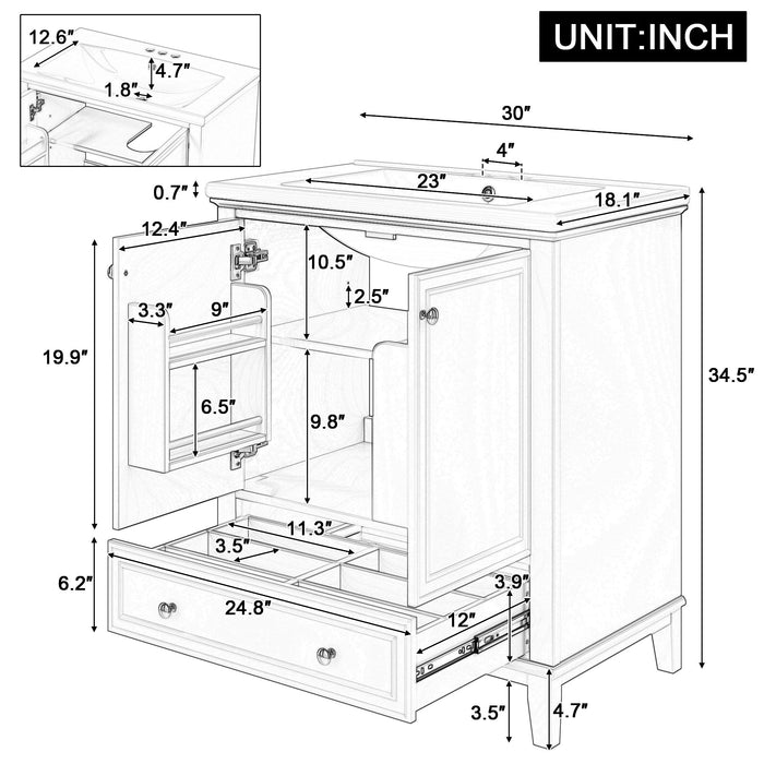 30" Bathroom Vanity With Sink Combo Undermount Sink, Cabinet With Doors And Drawer - White