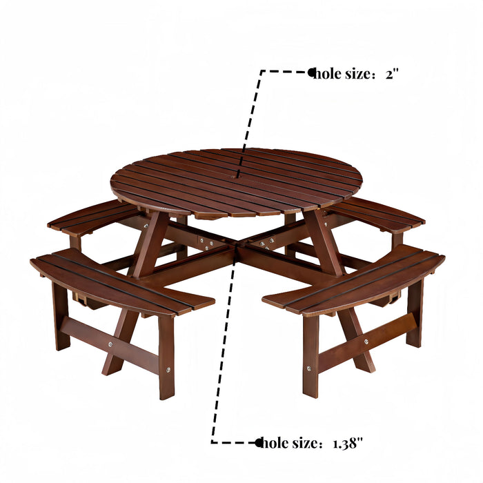 8 Person Round Picnic Table With 4 Built In Benches, Umbrella Hole For Garden - Brown