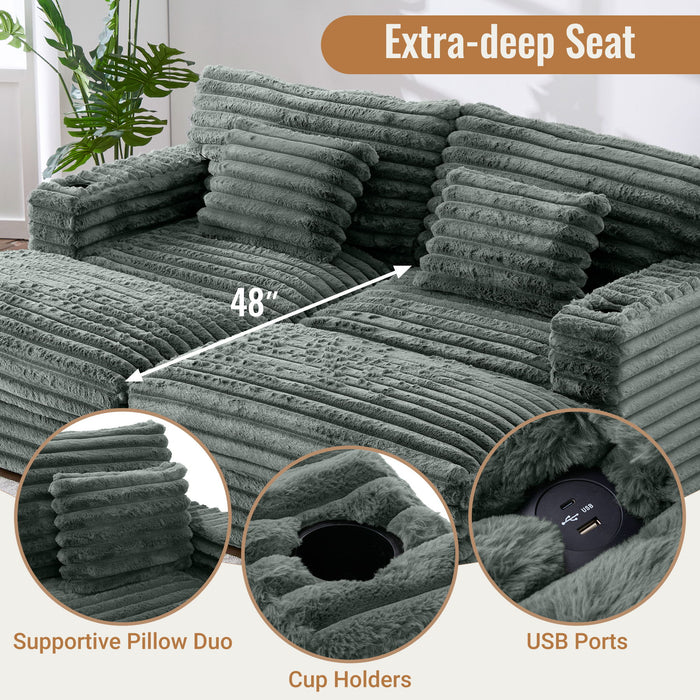 Oversized Double Chaise Lounge Sofa With USB Ports And Cup Holders