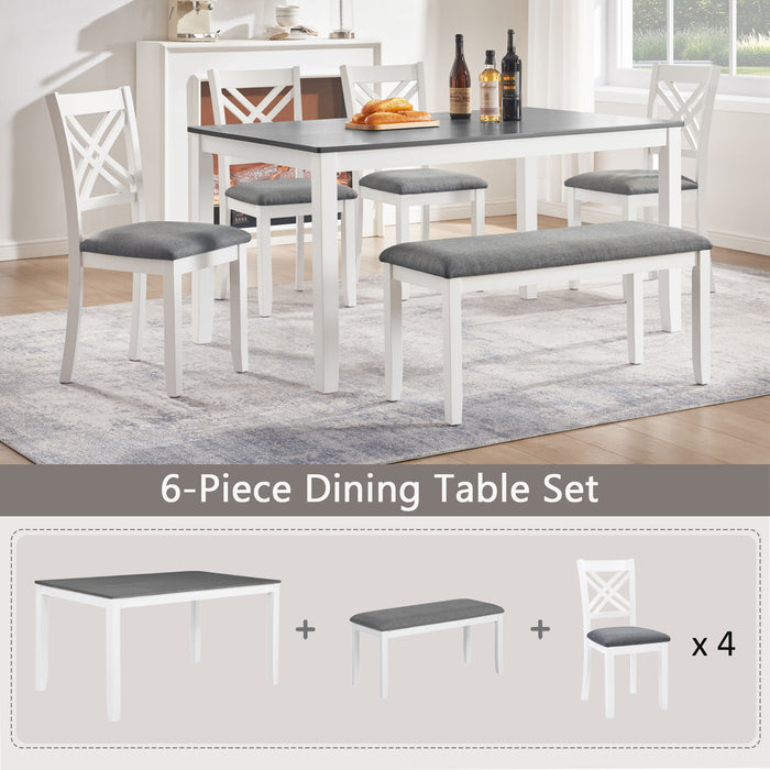 6 Piece Kitchen Dining Set, Rectangular Dining Table With 4 Upholstered Chairs And Bench - Gray / White