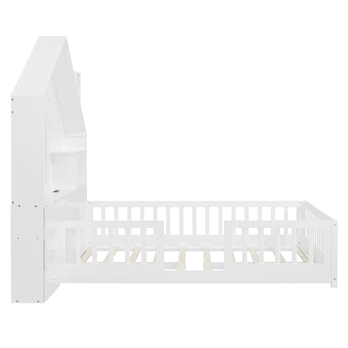 Full Size House Bed With Window And Bedside Drawers, Platform Bed With Shelves And A Set Of Sockets And USB Port - White