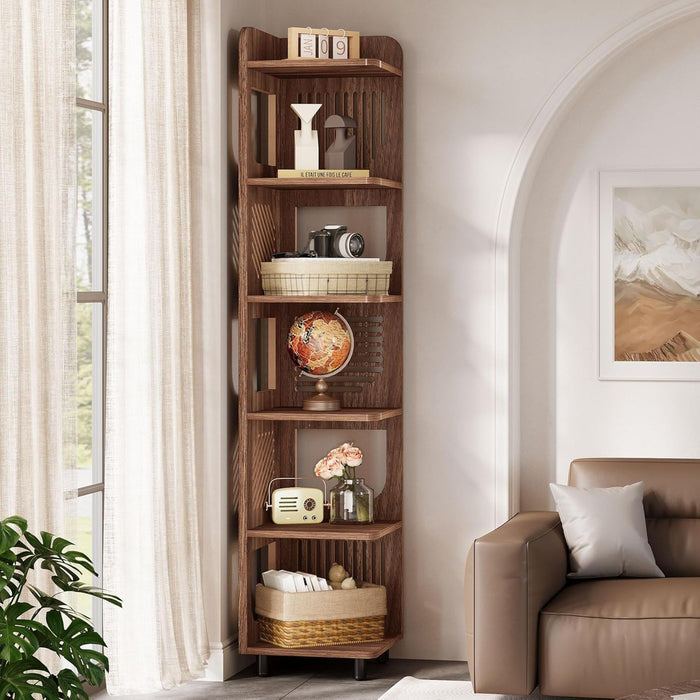 6 Tier Narrow Corner Bookshelf Storage For Living Room - Brown
