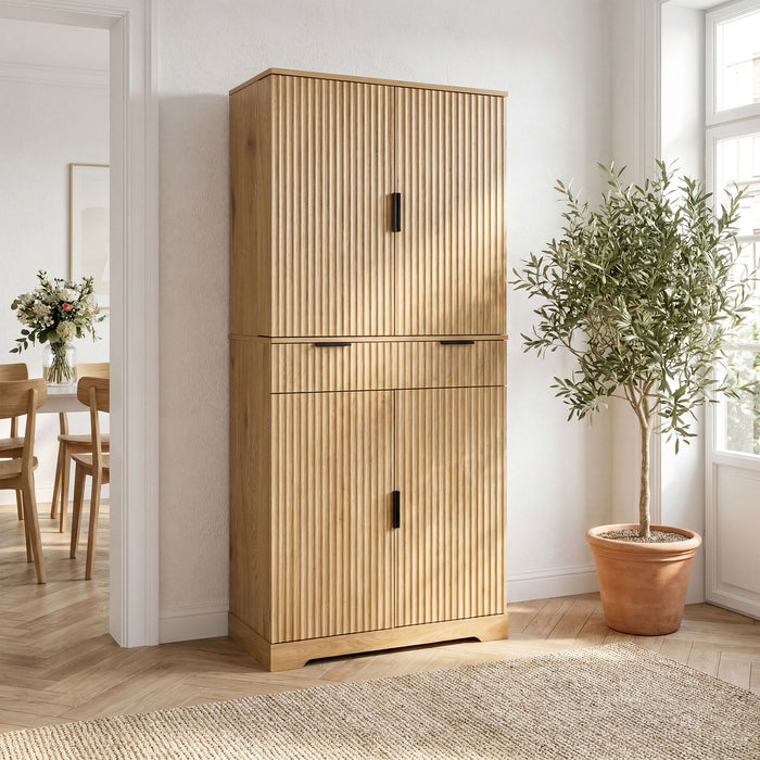 Fluted Kitchen Pantry Cabinet With 3 Keyboard Drawers & 6 Door Shelves Adjustable