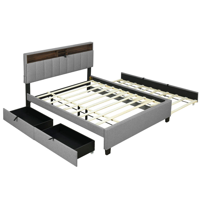 Upholstered Platform Bed With Storage Headboard, Trundle & 2 Drawers And A Set Of Sockets & USB Ports