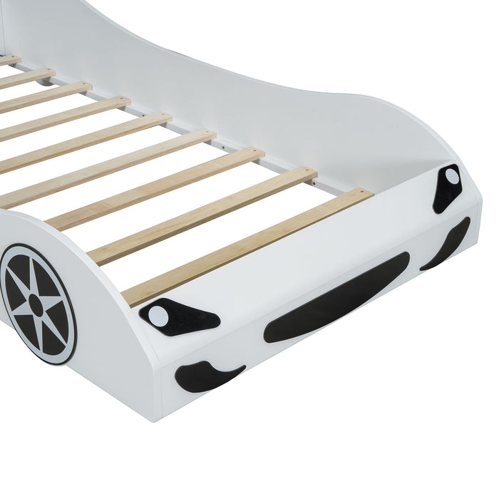 Race Car Shaped Platform Bed With LED And Upholstered Backrest In