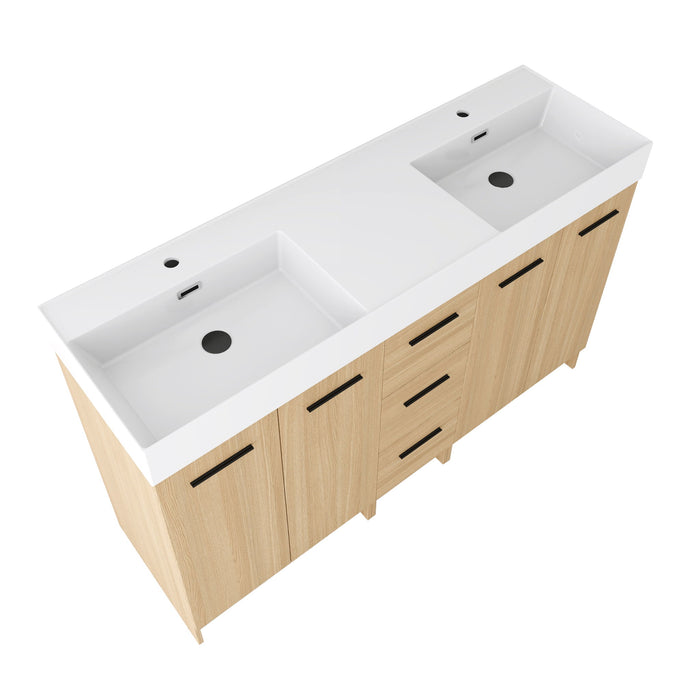 Double Sink Bathroom Vanity With 3 Drawers, Large Storage, Integrated Sink, Freestanding Cabinet, Soft Close Hardware - Glossy White / Light Oak