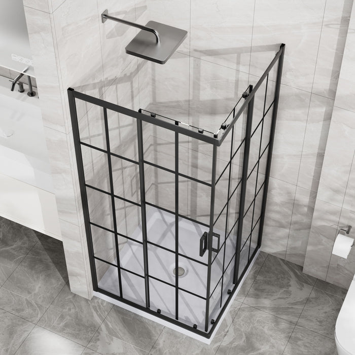 Corner Shower Door, Shower Enclosure With Dual Sliding Doors - Matte Black