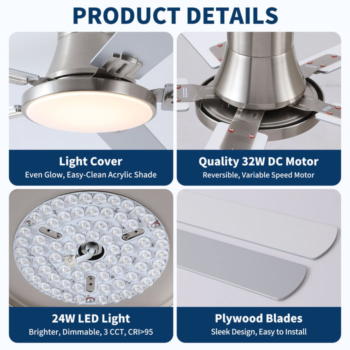 Flush Mount Ceiling Fans With LED Light And Remote Control, 5 Blades