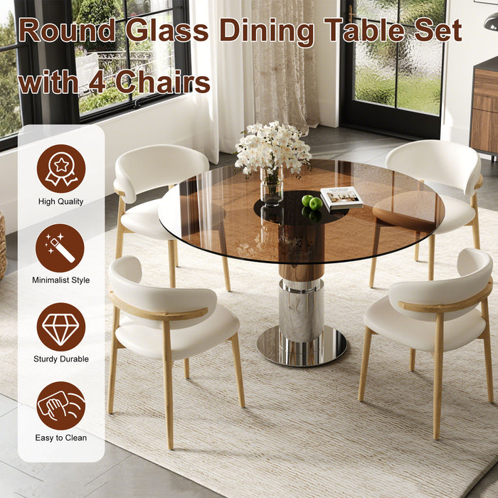 Round Glass Dining Table With Stainless Steel Legs And Chairs