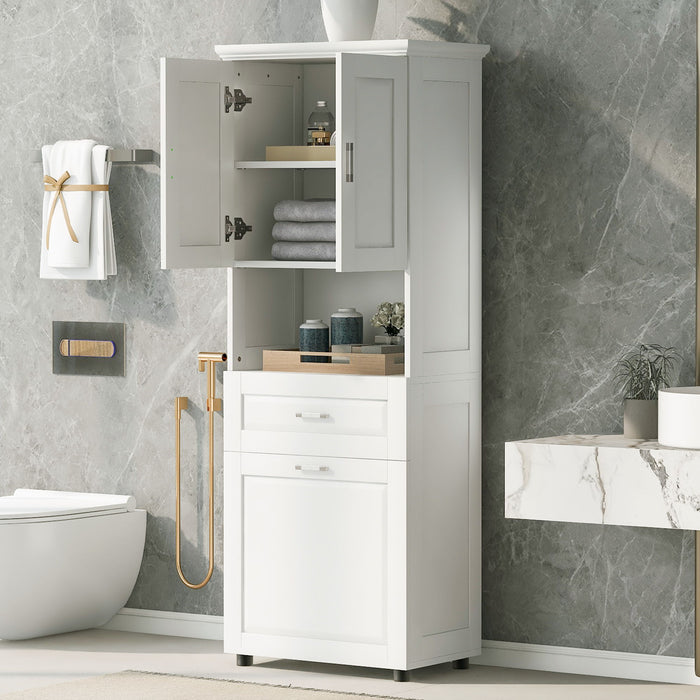 Tall Bathroom Cabinet With Tilt-Out Laundry Basket And Upper Storage