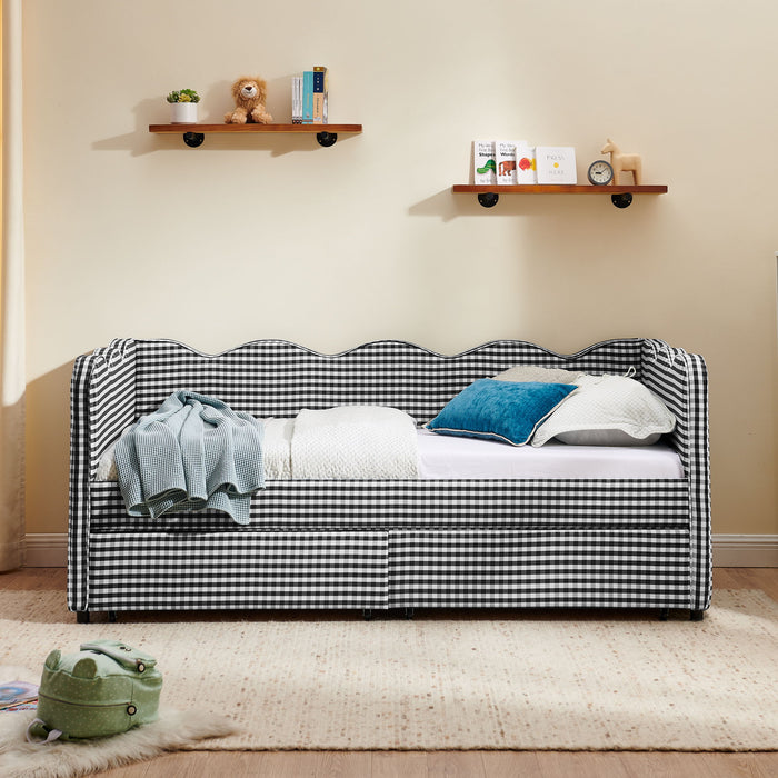 Gingham Daybed With USB Charging Port, Wave-Shaped Design