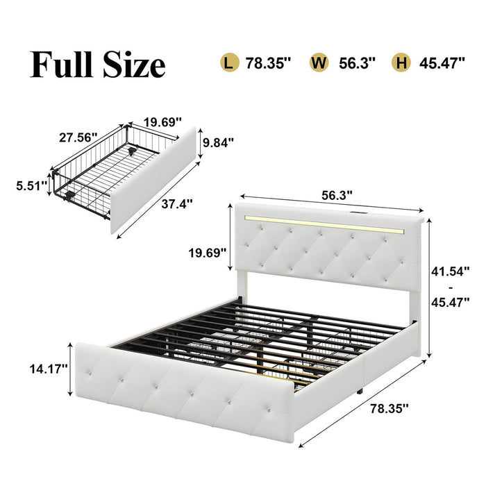 Upholstered Bed Frame With LED Lights, 4 Storage Drawers, Charging Station