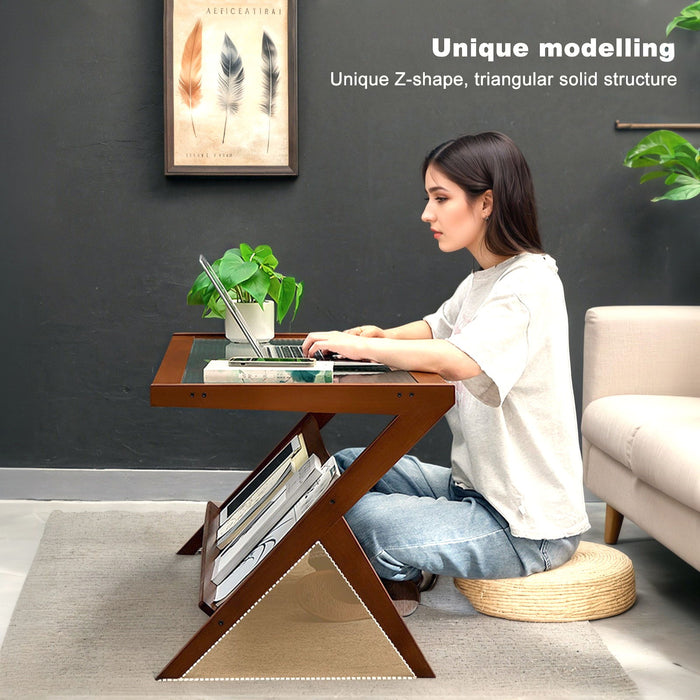 Rattan Coffee Tables For Living Room, Mid Century Modern Coffee Table With Glass Top, Large Boho Center Table With Storage - Brown