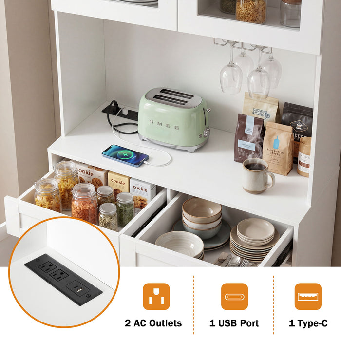 Tall Arched Pantry Cabinet With Charging Station, Adjustable Shelves, Coffee Bar