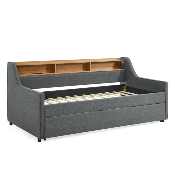 Upholstered Sofa Bed With LED Lights, Storage Headboard, Foldable Trundle & Wireless Charging