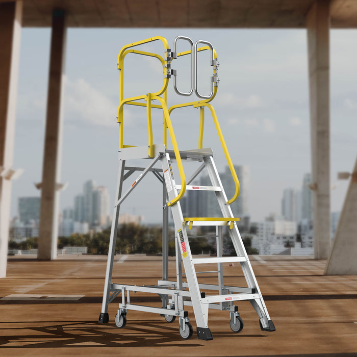 Heavy Duty Aluminum Rolling Platform Ladder With Steps, 375Lbs Capacity