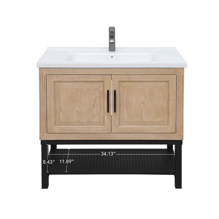 Modern Freestanding Bathroom Vanity With Ceramic Sink, Hot And Cold Faucet, Storage Cabinet & Open Shelf