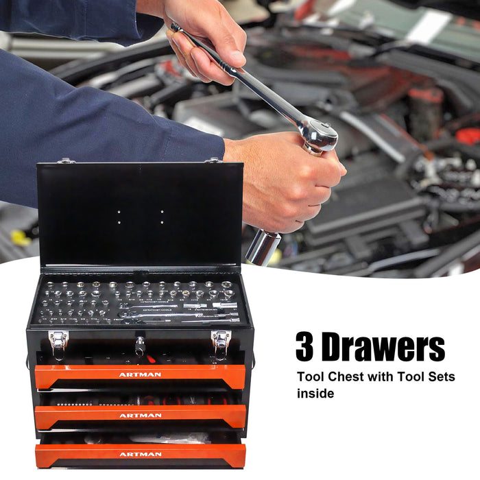 Portable 3 Drawer Steel Toolbox, 4 Layers Of Tools With Metal Latches, With Storage Tray And Carrying Handle
