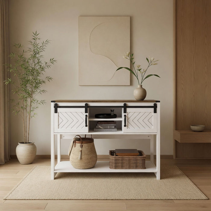 Entryway Table With Sliding Barn Door Storage - White / Oak