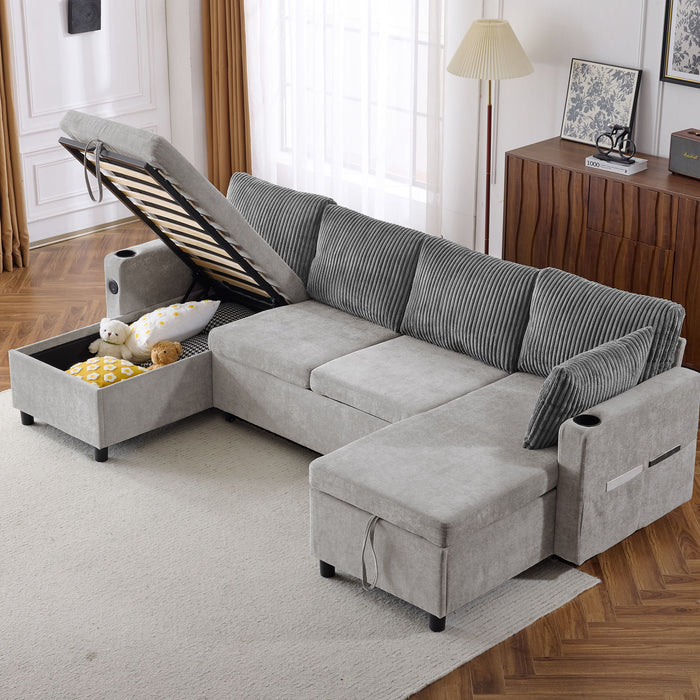 Sectional Sofa Bed With Pull Out Sleeper, USB Ports, Cup Holders