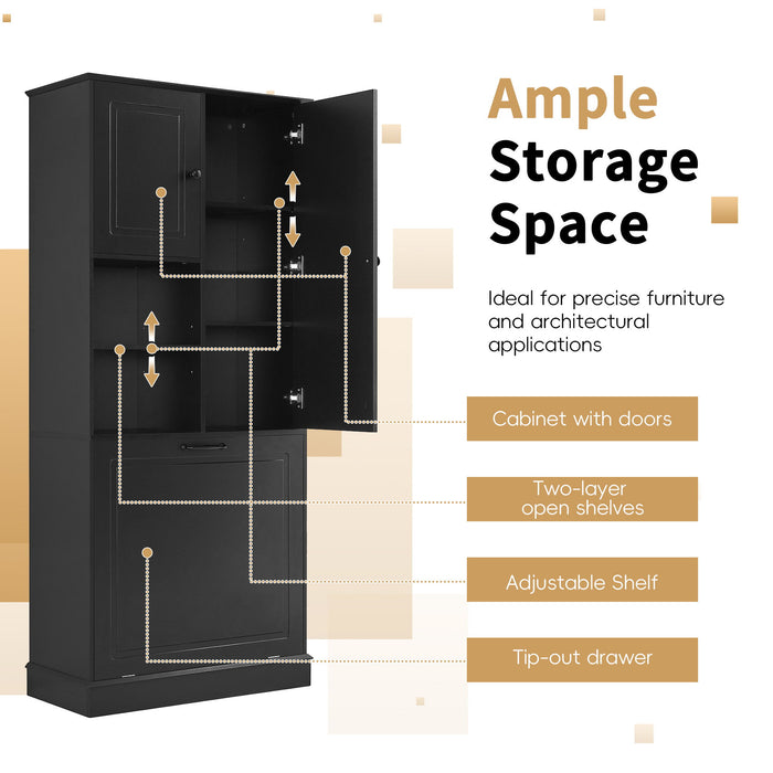 Modern Tall Storage Cabinet With Adjustable Shelves, Flip-Out Basket & Enclosed Doors