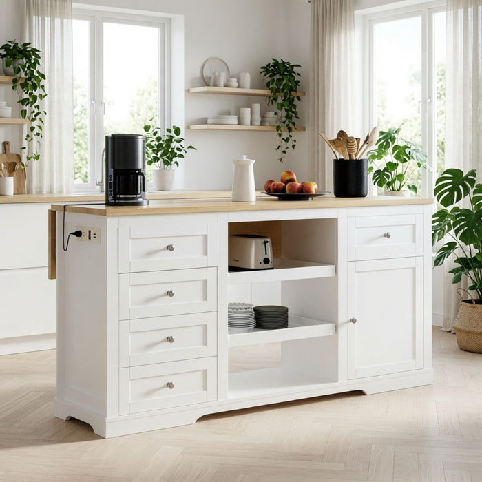 Drop Leaf Kitchen Island With Storage, Power Outlet & Pet Bowl Drawer - White / Light Oak