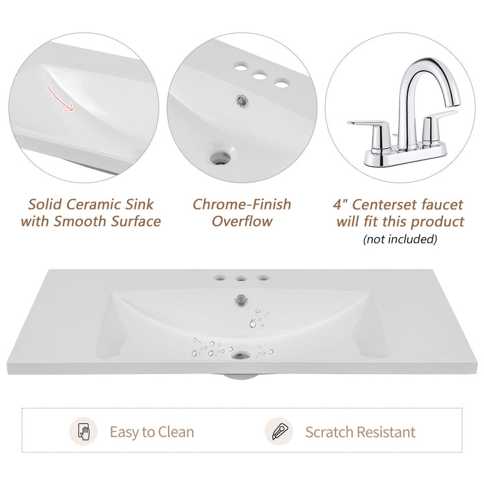36" Single Bathroom Vanity Top With Undermount Basin, 3 Faucet Holes, Flat Edge - White