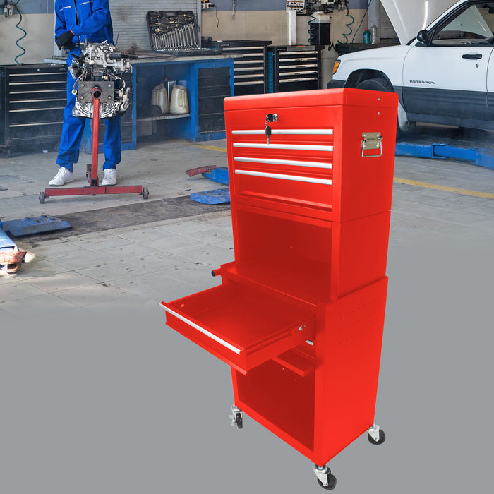 6 Drawer Lockable Tool Cabinet On Wheels, Steel Rolling Tool Chest With Detachable Toolbox