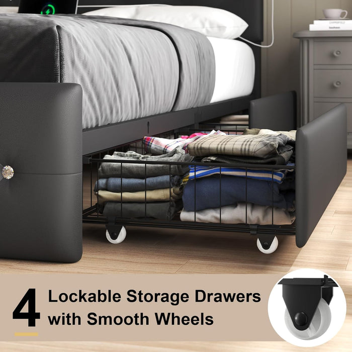 Upholstered Bed Frame With LED Lights, 4 Storage Drawers, Charging Station