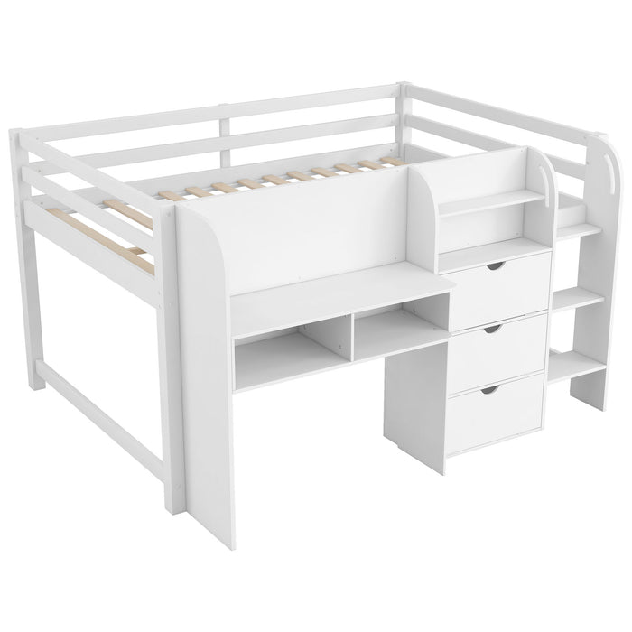 Low Loft Bed With Built In Desk, Storage Cabinets, Open Bookcase And Doodle Blackboard