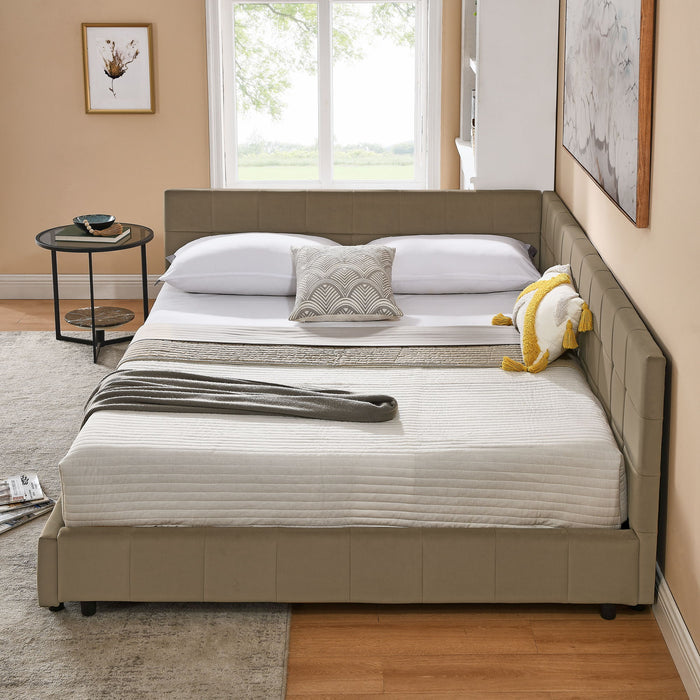 Mid-Century Storage Upholstered Tufted Bed Frame With Backrest And Armrests