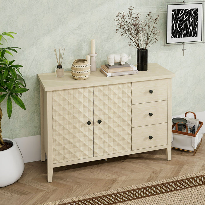 Modern 2 Door 3 Drawer Storage Cabinet, Buffet Cabinet With 2 Embossed Door For Living Room, Kitchen, Entryway - Natural