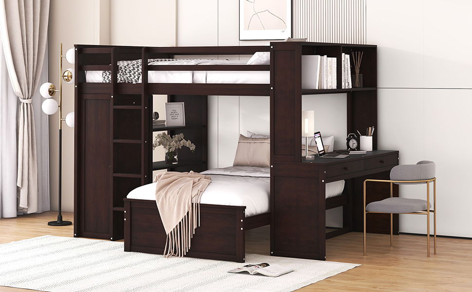 Loft Bed With A Twin Size Standalone Bed, Shelves, Desk, And Wardrobe