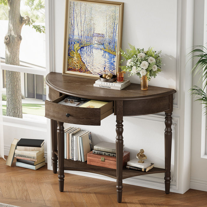 Half Moon Console Table With Drawer & Shelf For Living Room - Walnut