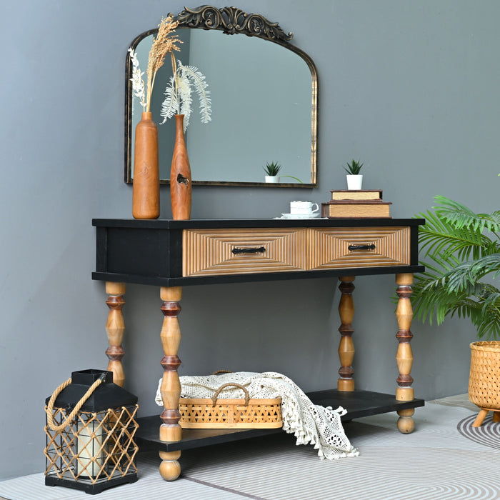 Accent Carved Console Table With Open Shelf And 2 Drawers Living Room - Black / Natural Wood Wash