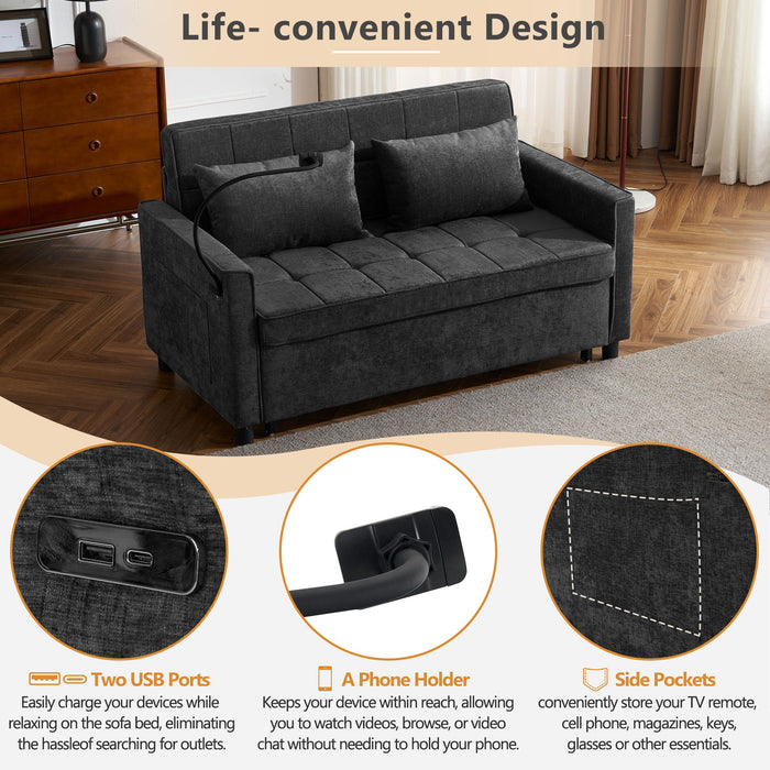 Loveseat Sofa Bed Sleeper With Reversible Backrest, Side Pockets, USB Ports, Phone Holder