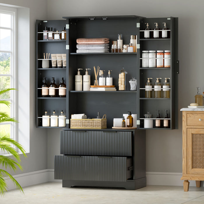 Fluted Kitchen Pantry Cabinet With 2 Large Drawers & 8 Door Spice Rack