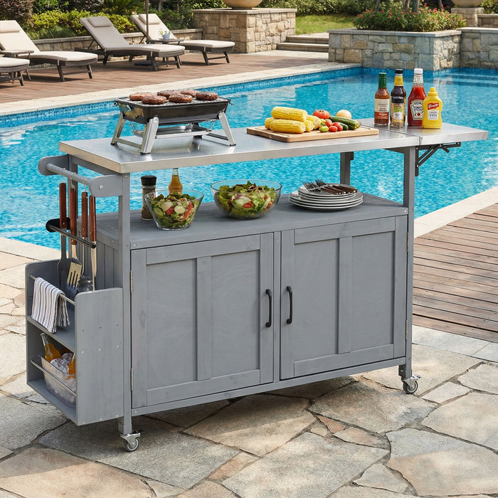 Foldable Outdoor Kitchen Island With Lockable Wheels, Storage Cabinet And Towel Rack For Patio