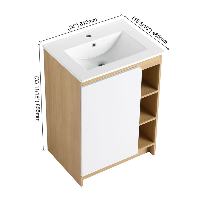 Freestanding Bathroom Vanity With Thin Rim Sink, Single Door With 4 Tier Open Shelves - Light Oak / White