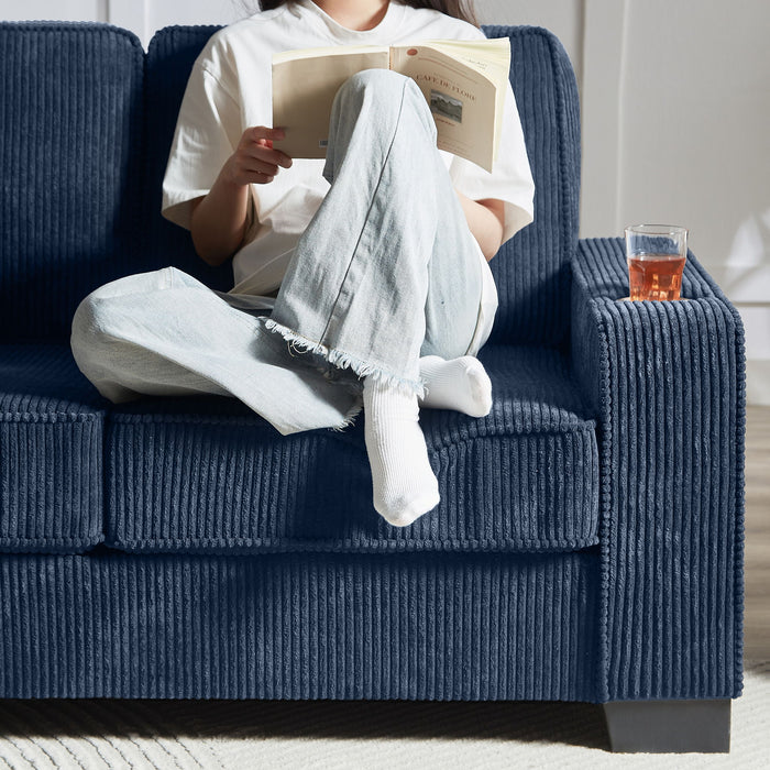 Modern Corduroy Fabric Sofa, 3 Seater Compressed Couch With Cup Holders