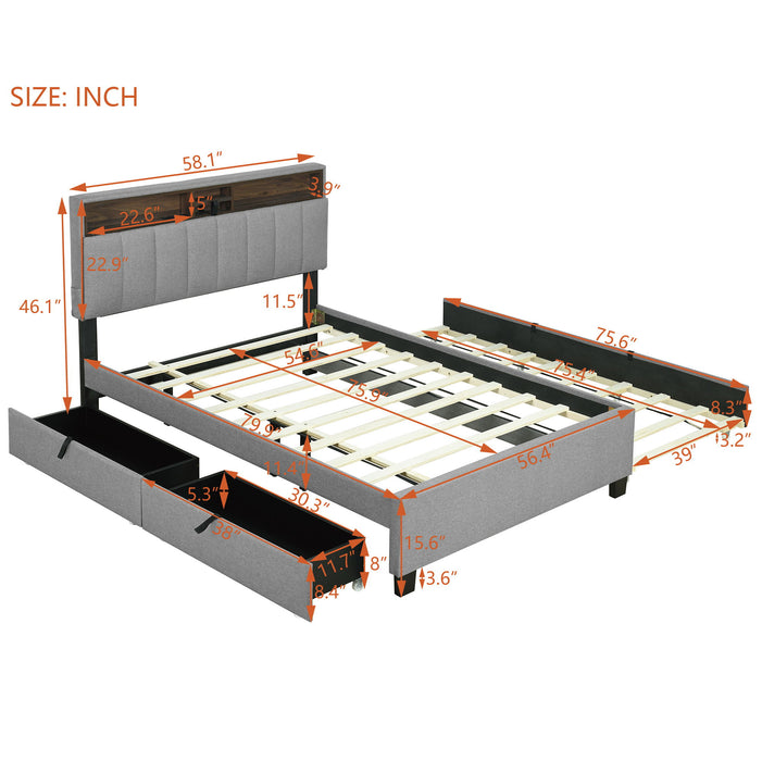 Upholstered Platform Bed With Storage Headboard, Trundle & 2 Drawers And A Set Of Sockets & USB Ports