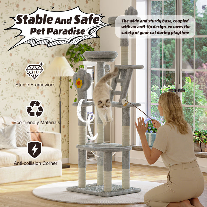 Cactus Cat Tree With Transparent Capsule, Sisal Scratching Posts - Gray