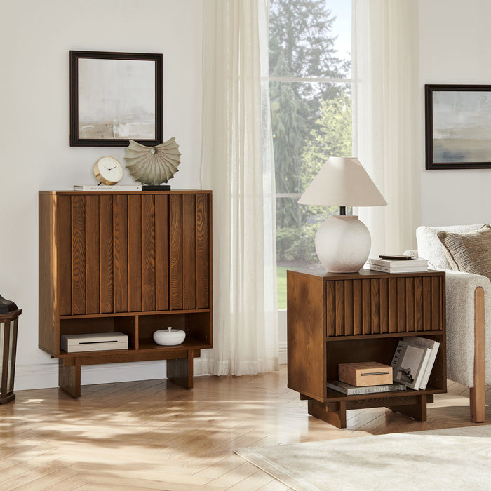 Sideboard Buffet Cabinet With Grille Slat Design With 3 Doors And Adjustable Shelves