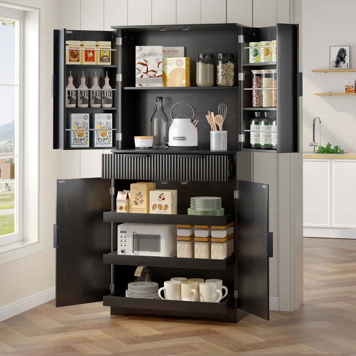 Fluted Kitchen Pantry Cabinet With 3 Keyboard Drawers & 6 Adjustable Door Shelves