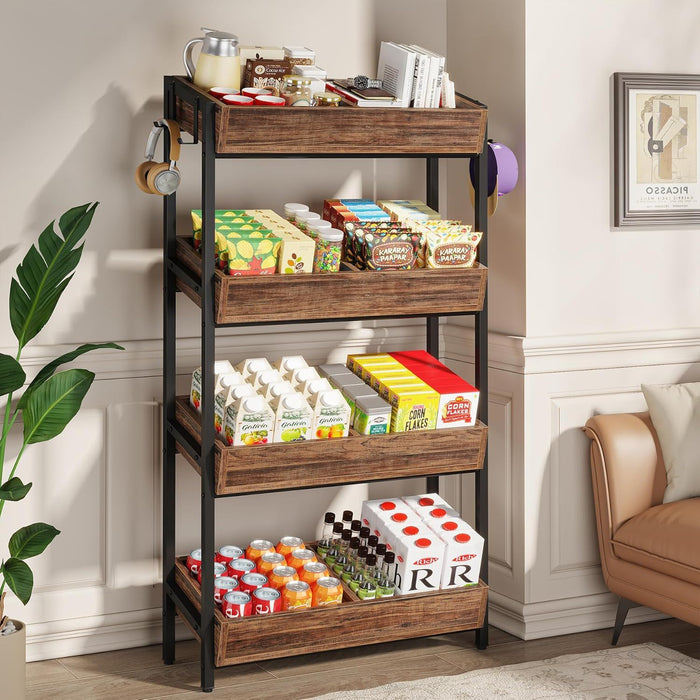 4 Tier Retail Display Rack With Hooks, Tall Metal Snack Stand With Shelves - Brown / Black
