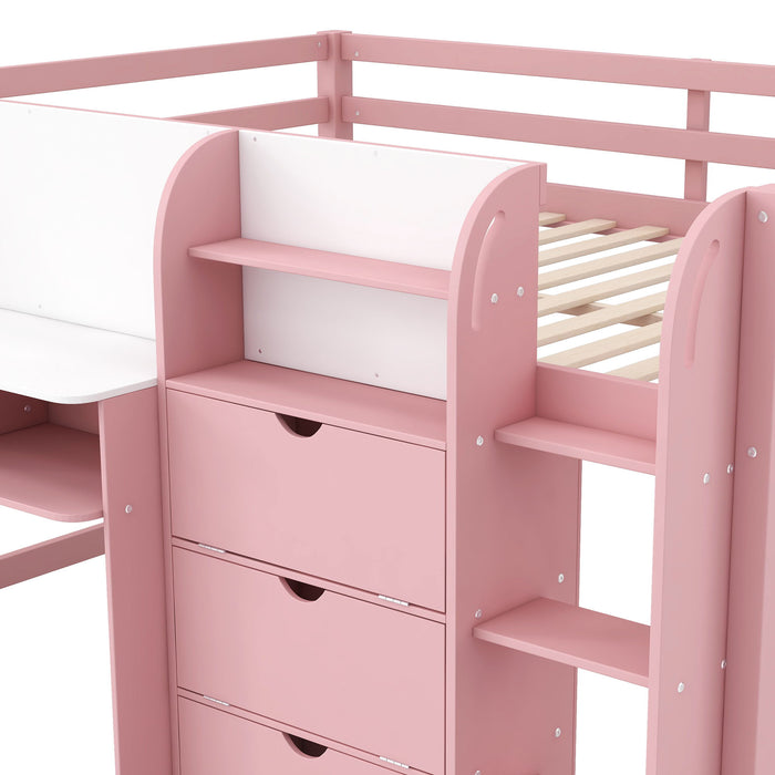 Low Loft Bed With Built In Desk, Storage Cabinets, Open Bookcase And Doodle Blackboard