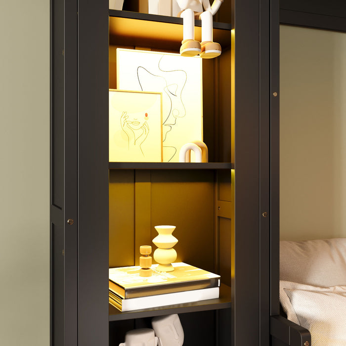 French Style Murphy Platform Bed With Shelf, Side Cabinets, Drawers And LED