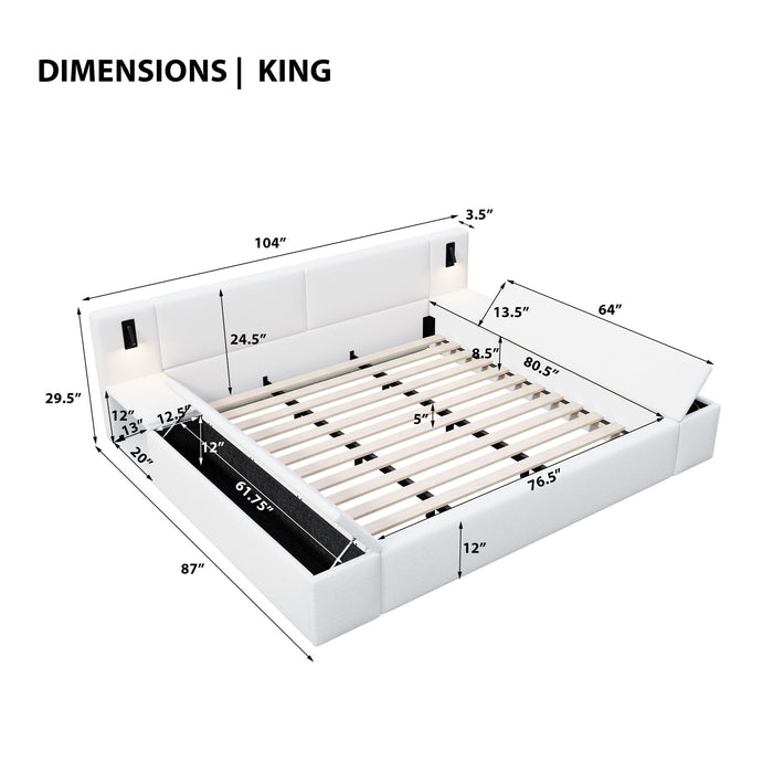 Upholstered Platform Bed Frame With Hidden Storage, Built-In Nightstands & LED Reading Lights